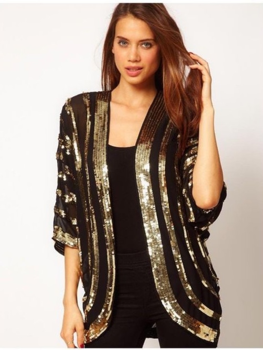 ASOS Black Sheer Kimono Cardigan with Gold Sequin Stripes.